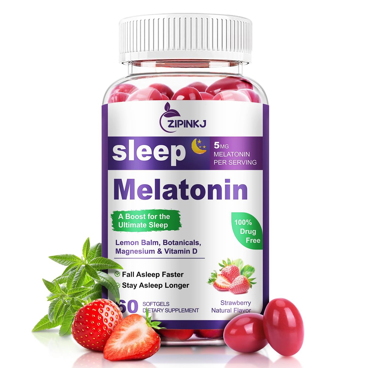 Sleep Support Supplement Softgels, Sleep Aids for Adults, Sleep Supplement with Melatonin 5mg, Vitamin D2, Magnesium, and Lemon Balm, Strawberry Extract, Gluten-Free, Vegan Non-GMO, 60 Count