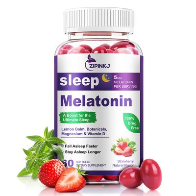 Sleep Support Supplement Softgels, Sleep Aids for Adults, Sleep Supplement with Melatonin 5mg, Vitamin D2, Magnesium, and Lemon Balm, Strawberry Extract, Gluten-Free, Vegan Non-GMO, 60 Count