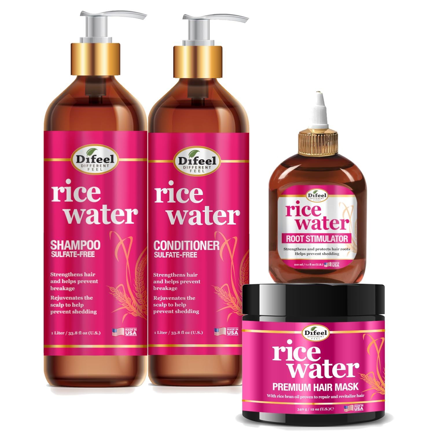 Difeel Rice Water Hair Care 4PC Shampoo Conditioner Deep Treatment Set - Includes 33.8oz Shampoo, 33.8oz Conditioner, 12oz Hair Mask, 7.1oz Root Stimulator