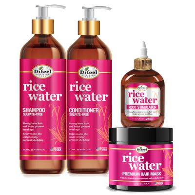 Difeel Rice Water Hair Care 4PC Shampoo Conditioner Deep Treatment Set - Includes 33.8oz Shampoo, 33.8oz Conditioner, 12oz Hair Mask, 7.1oz Root Stimulator