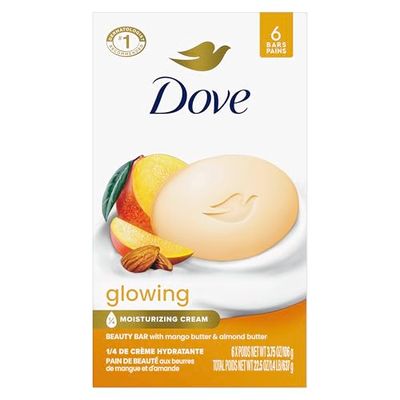Dove Beauty Bar Soap Glowing Mango Almond Butters, 6 Bars for Radiant Skin, Illuminates Skin 3.75 oz