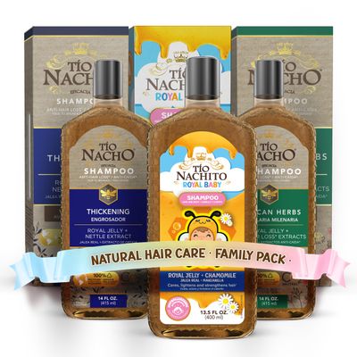 Tio Nacho Family Hair Care Bundle: Royal Baby Hair and Body Shampoo, Mexican Herbs Shampoo, Anti Hair Loss Thickening Volume Filler Shampoo with Royal Jelly Rosemary, 14 oz each