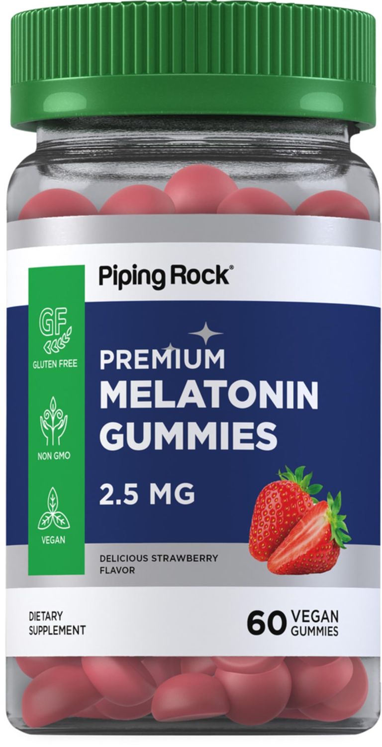 Piping Rock Melatonin Gummies 2.5 mg 60 Count Strawberry Flavor Gummy Supplement Vegan, Non-GMO and Gluten Free