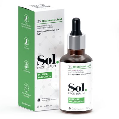 Sol. 2 Hyaluronic Acid Intense Hydration Face Serum, Prevents Dryness Moisture Loss, Hydrating Moisturizing, Softens Smoothens, Non-irritating, White, 20 ml (Pack of 1)
