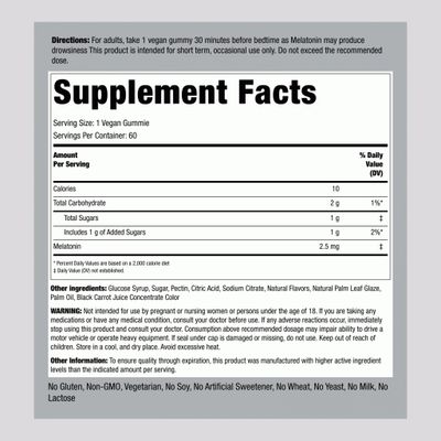 Piping Rock Melatonin Gummies 2.5 mg 60 Count Strawberry Flavor Gummy Supplement Vegan, Non-GMO and Gluten Free