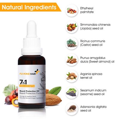 almond hair Beard Oil - 1fl oz 7-in-1 Protective Beard Oil for Men - Vegan Natural Ingredients - Nourishing Beard Growth Oil - Leave-In Beard Conditioner with Jojoba Oil, Castor Oil, Sweet Almond Oil