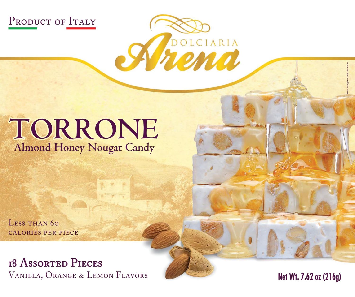 Dolciaria Arena Assorted Italian Torrone - 18 Almond Honey Nougat Pieces - Vanilla, Lemon Orange Flavors - Less Than 60 Calories Each - Made in Italy - 7.62 oz Box