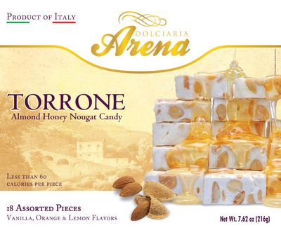 Dolciaria Arena Assorted Italian Torrone - 18 Almond Honey Nougat Pieces - Vanilla, Lemon Orange Flavors - Less Than 60 Calories Each - Made in Italy - 7.62 oz Box