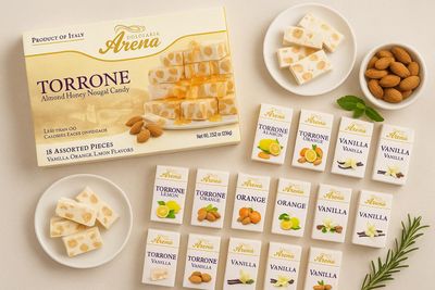 Dolciaria Arena Assorted Italian Torrone - 18 Almond Honey Nougat Pieces - Vanilla, Lemon Orange Flavors - Less Than 60 Calories Each - Made in Italy - 7.62 oz Box