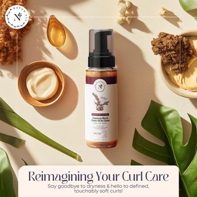 NaturAll Jamaican Black Castor Oil Chebe Curly Hair Mousse - Sulfate-Free, Lightweight Anti-Frizz Styling Foam for Defined Curls, Long-Lasting Hold Enhanced Shine (8.5 Oz)