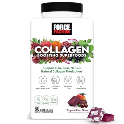 Force Factor Collagen Boosting Superfoods, Vegan Collagen Booster for Women, with Biotin, Hyaluronic Acid, and Vitamin C, for Hair, Skin, Nails, Joint Support, Tropical Fruit, 60 Soft Chews