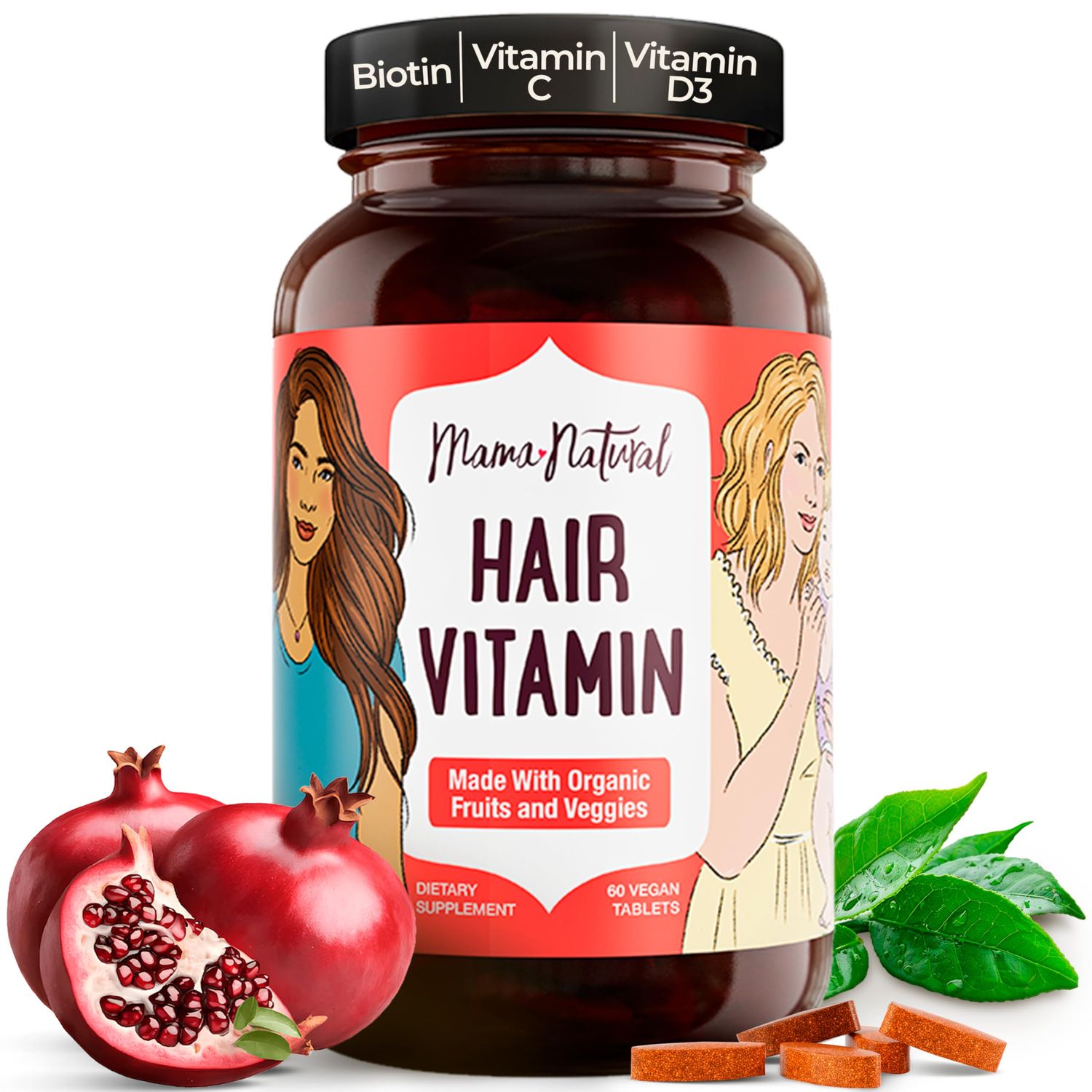 Mama Natural Hair Growth Vitamins - Made with Organic Fruit Veg (30 Serves) - Ultra Clean, Vegan Non-GMO Postpartum Hair Loss Vitamin - Natural Hair Growth Vitamins for Women Packaged in Glass