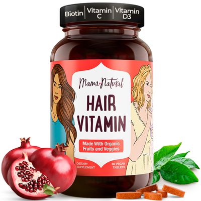 Mama Natural Hair Growth Vitamins - Made with Organic Fruit Veg (30 Serves) - Ultra Clean, Vegan Non-GMO Postpartum Hair Loss Vitamin - Natural Hair Growth Vitamins for Women Packaged in Glass