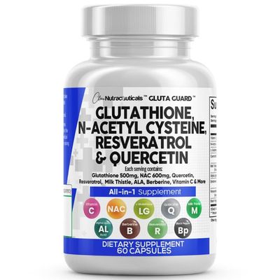 Clean Nutraceuticals Glutathione 500mg Supplement with Vitamin C N Acetyl Cysteine 600mg Berberine 1000mg Resveratrol Quercetin Alpha Lipoic Acid - Reduced L Glutathion Free Form Women 60 Ct USA Made