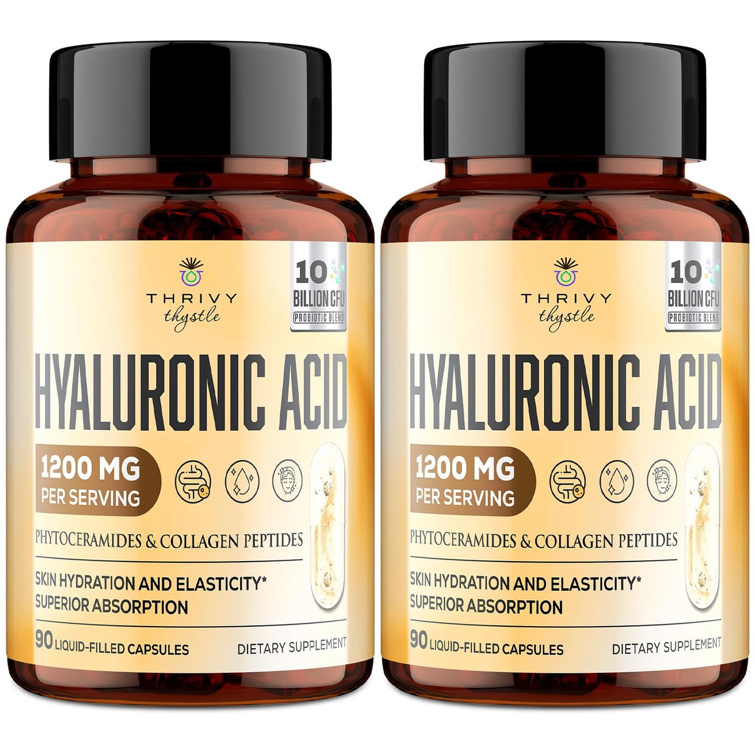 ThrivyThystle 19-in-1 Hyaluronic Acid Capsules - Hylunaric Acid 1200 mg, with Collagen Peptides, Vitamin C, Phytoceramides - for Skin, Eyes, Gastrointestinal, Bones Joint Lubrication (2 Pack)