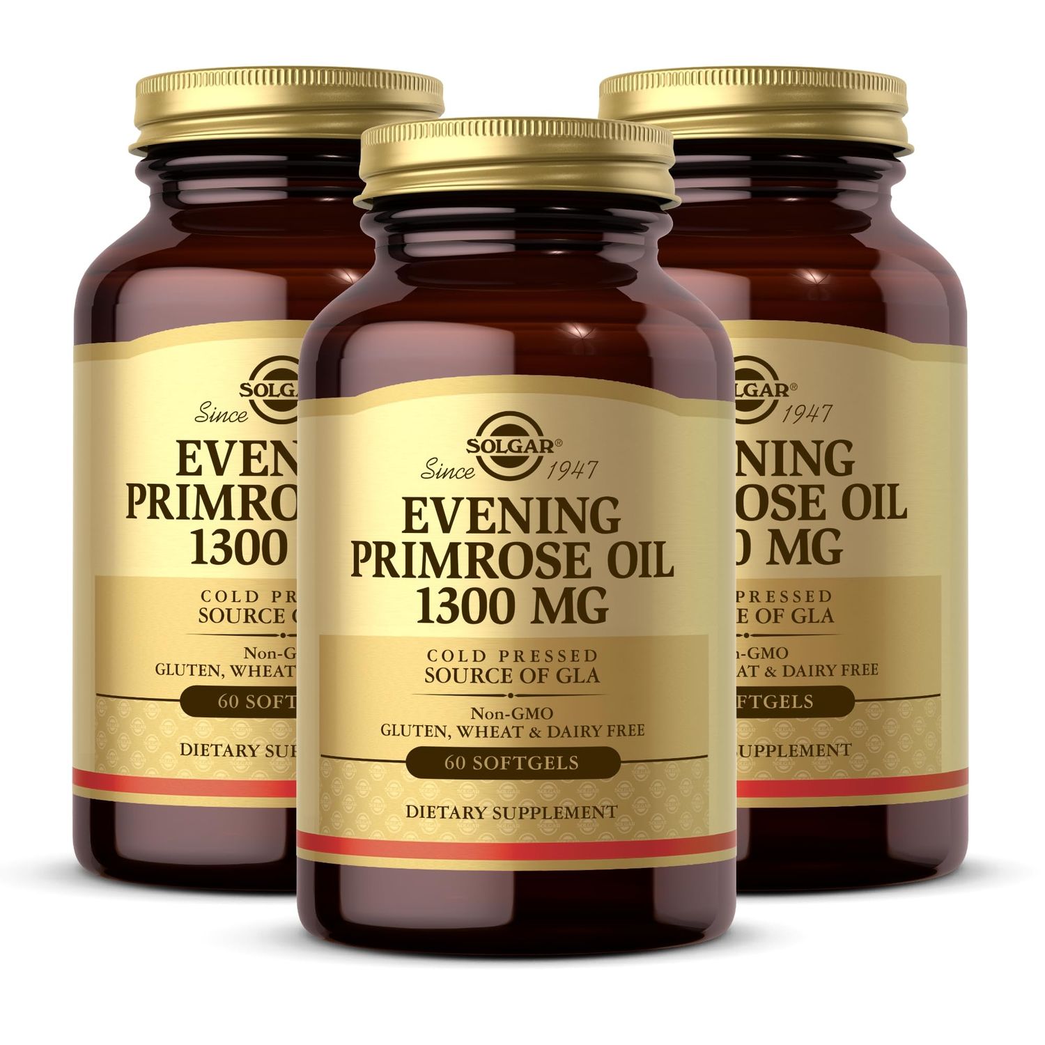 SOLGAR Evening Primrose Oil 1300 mg - 60 Softgels, Pack of 3 - Cold-Pressed Source of GLA - Non-GMO, Gluten Free - 180 Total Servings