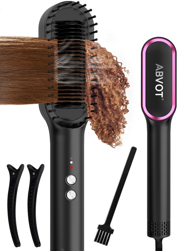 Hair Straightener Brush with Air Vents, ABVOT All in 1 Hot Air Straightening Comb for Black Women, Dual Voltage, Auto Shut Off, Anti Scald Shell, Fast Heat Up, for Curly Hair Black