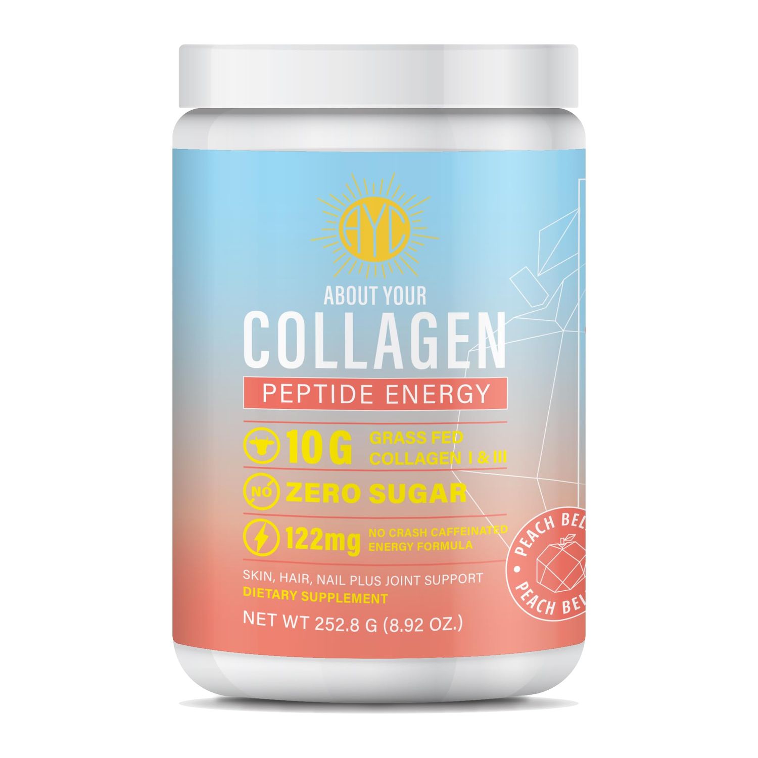 ABOUT YOUR COLLAGEN Peptide Energy Collagen Powder Hair, Nail, Skin, Type I III,Caffeine for Energy, Vitamin C, Biotin, Hyaluronic Acid, Zero Sugar - 8.92 oz (Peach Bellini)