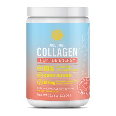 ABOUT YOUR COLLAGEN Peptide Energy Collagen Powder Hair, Nail, Skin, Type I III,Caffeine for Energy, Vitamin C, Biotin, Hyaluronic Acid, Zero Sugar - 8.92 oz (Peach Bellini)