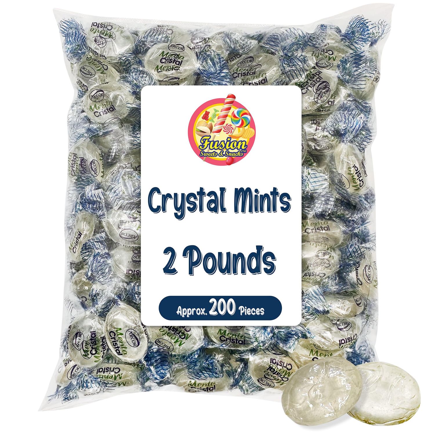Arcor Crystal Mints Hard Candy - 2 Pound Blue Crystal Mint Candy Individually Wrapped, Breath Mint