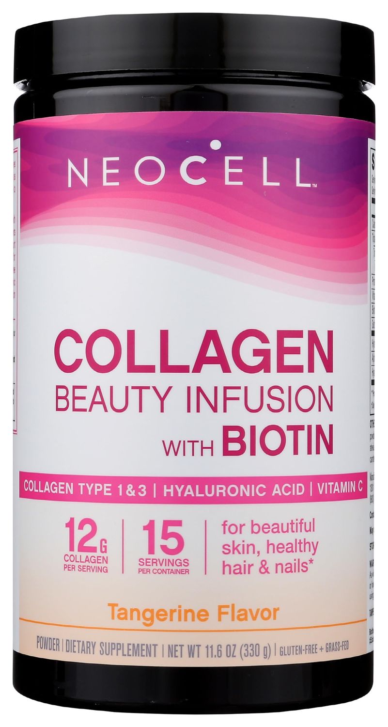 NeoCell Collagen Powder with Biotin, Vitamin C Hyaluronic Acid, Collagen Type 1 3, Beauty Infusion Promotes Beautiful Skin, Healthy Hair Nail, Gluten Free, Tangerine, 11.64 Oz