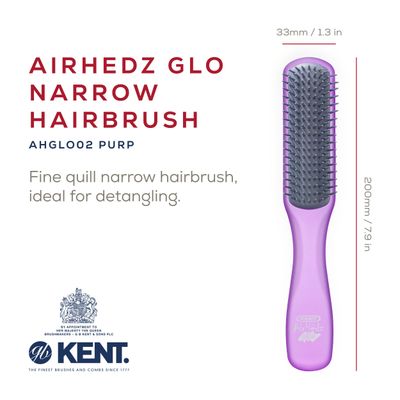 Kent AHGLO02 Airhedz Glo Purple Half Round Narrow Detangling Hair Brush - 9 Row Ionic Anti Static Non Scratch Long Nylon Bristle Great for Detangling and Smoothing Medium to Long Length Hair