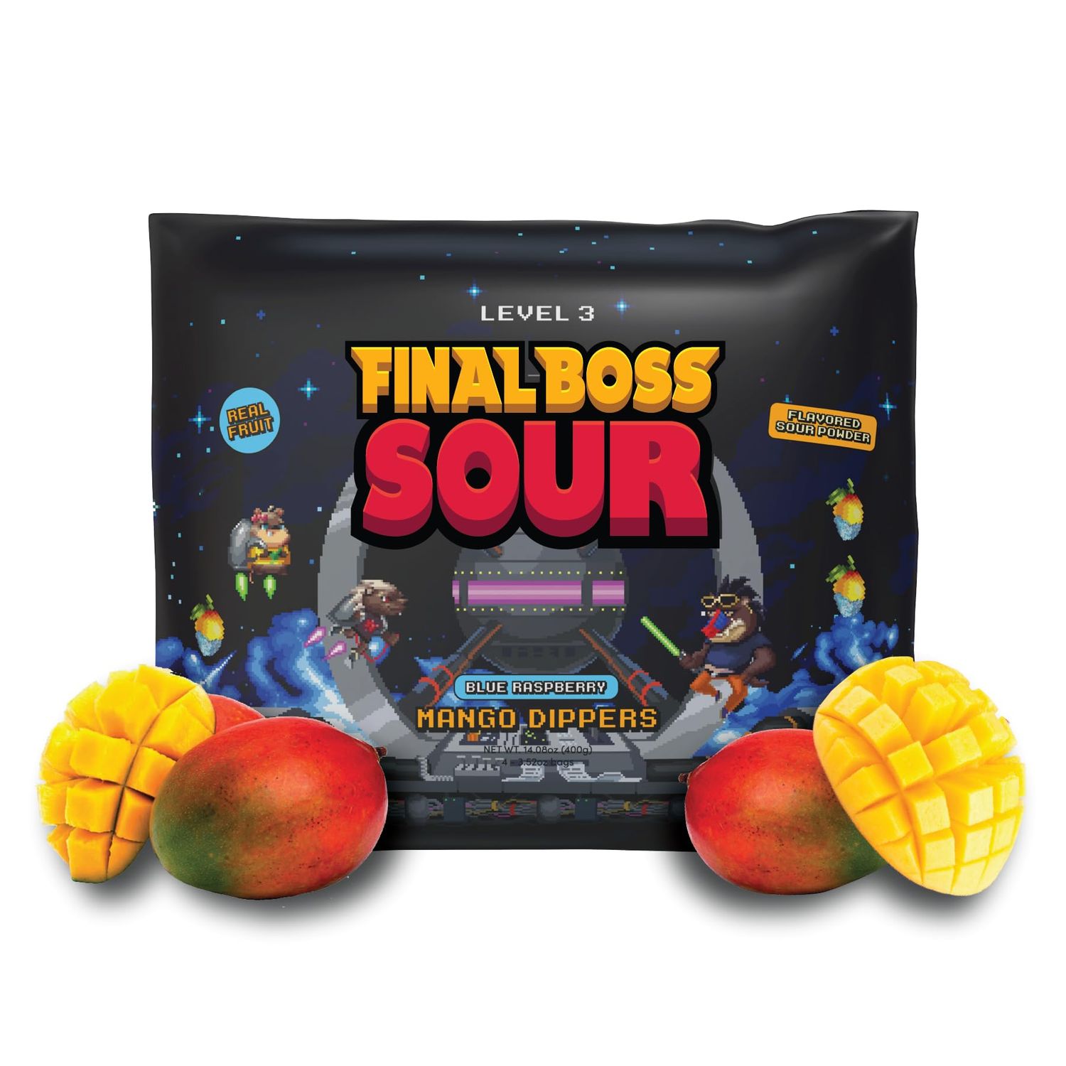 Final Boss Sour Candy, Fun Dip, Extreme Super Sour Blue Raspberry Powder with Real Candy-Tasting Dried Mangoes, (3.5 Ounces Bags, Pack of 4 Bags) - Vintage Old School 80s and 90s Party Candy
