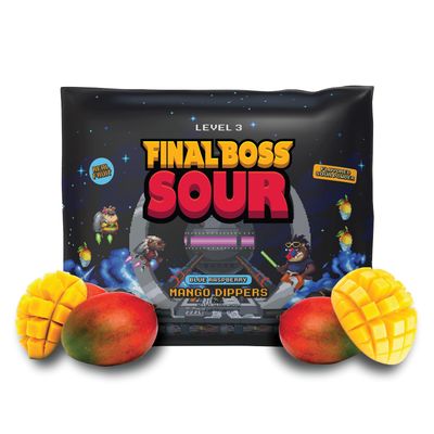 Final Boss Sour Candy, Fun Dip, Extreme Super Sour Blue Raspberry Powder with Real Candy-Tasting Dried Mangoes, (3.5 Ounces Bags, Pack of 4 Bags) - Vintage Old School 80s and 90s Party Candy