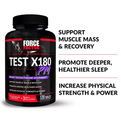 FORCE FACTOR Test X180 PM, 2-Pack, Testosterone Booster for Men, Overnight Testosterone Supplement to Build Muscle, Increase Strength, and Promote Deeper, Healthier Sleep and Recovery, 240 Tablets
