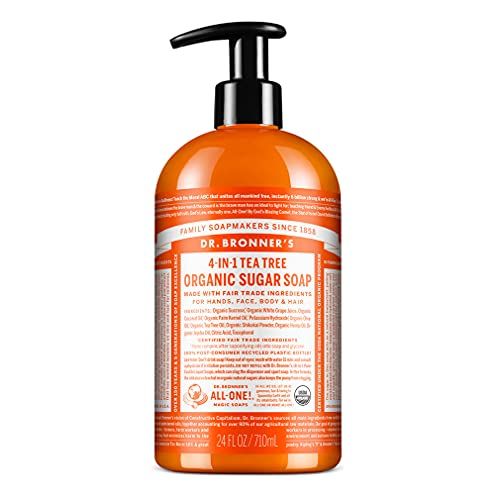 Dr. Bronner&#39;s - Organic Sugar Soap (Tea Tree, 24 Ounce) - Made with Organic Oils, Sugar and Shikakai Powder, 4-in-1 Uses: Hands, Body, Face and Hair, Cleanses, Moisturizes and Nourishes, Vegan