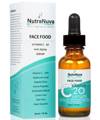 NutraNuva Face Food Anti Aging Natural 20 Vitamin C Serum Complex VEGAN Formula, Kakadu Plum, Hyaluronic Acid, Peptides, Aquatic Plants, Aloe and more for Wrinkles, Age Spots, Collagen,1 fl. Oz
