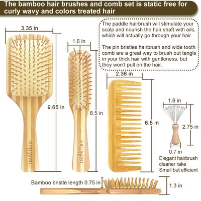 Bamboo Hair Brush Comb Set for Women Men, Wood Bristle Paddle Detangling Brush, Wide Tooth Comb for Curly Wavy Thick Thin Wet Dry Hair, Brush Cleaning Tool Included - 4 Pack