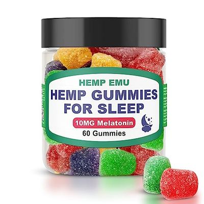 Hemp Emu Hemp Gummies for Sleep - Fall Asleep Faster, Stay Asleep Longer - 10mg Melatonin Premium Hemp Extract, 2 Gummies Per Serving - 60 Count Fruit Flavored Gummies