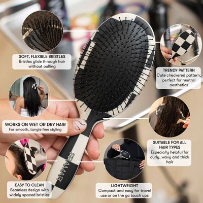 FRAMAR Checkered Print Hair Brush Detangler - Wet Hair Brushes For Women, Womens Hair Brush, Black and White Checkered Hair Accessories, Hairbrush For Women, Cepillos Para Cabello - Detangle Brush