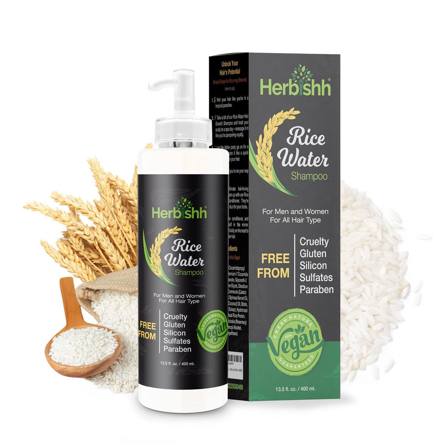 Herbishh Rice Water Hair Growth Shampoo - 400ml with Power of Castor Oil, Argan Coconut Oil Biotin All Hair Type Hair regrowth for Thinning Hair, Moisturizing Volumizing Silicone Free