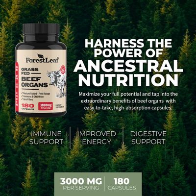 ForestLeaf Beef Organ Supplement - Grass Fed Pasture Raised - Total Body Wellness Performance, Organ Complex with 3000mg of Desiccated Beef Liver, Heart, Kidney, Pancreas, Spleen (180 Capsules)