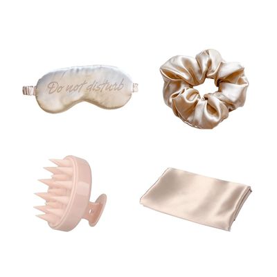 Holler Glow Bedtime Basics Accessories Set, Limited Edition, Sleep Eye Mask, Silk Scrunchie, Hair Growth Scalp Massager, Satin Pillowcase, Beauty Sleep For Women Mothers, 4 Piece Gift Set