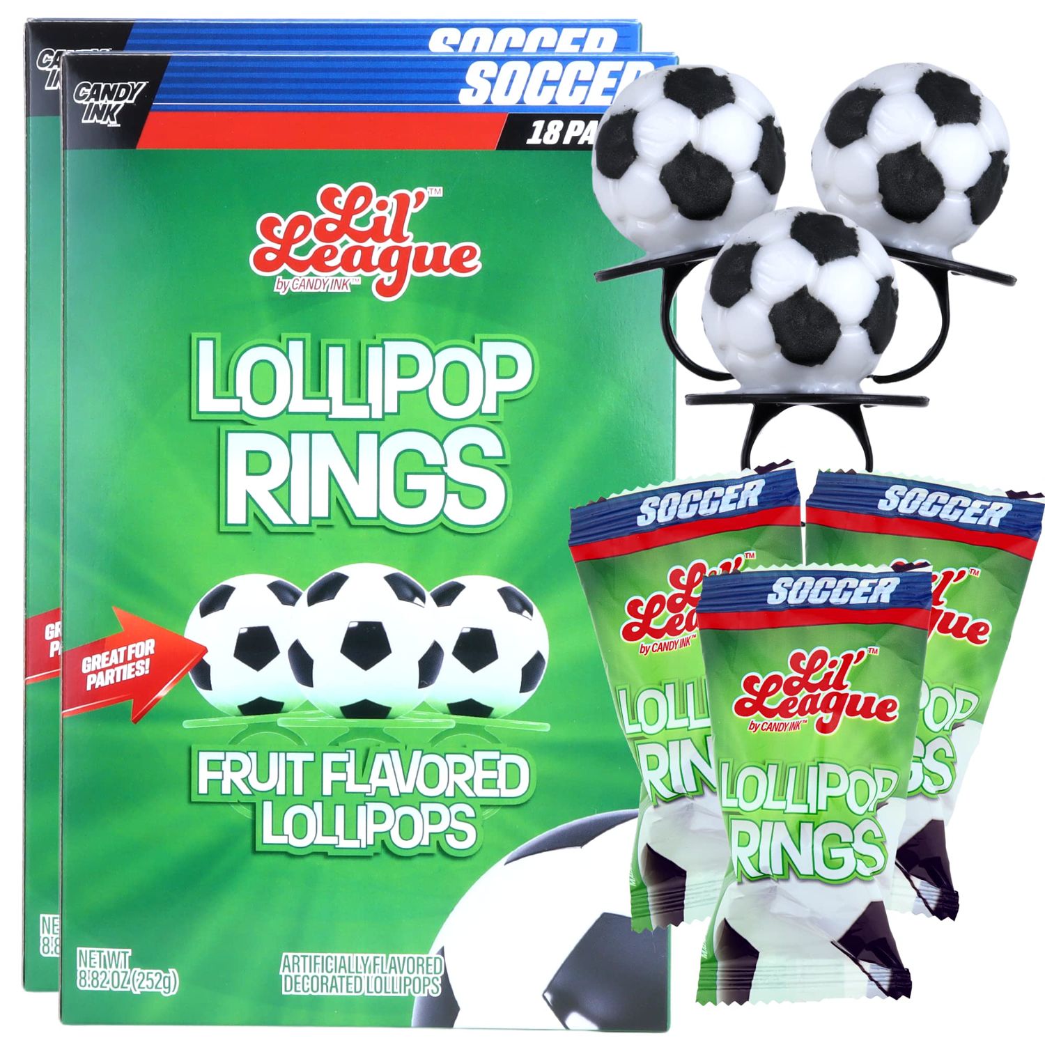 Needzo Soccer Ball Lollipop Rings, Individually Wrapped for End of Season Parties, Banquets, and Birthday Party Favors, Pack of 2, 18 Suckers Each