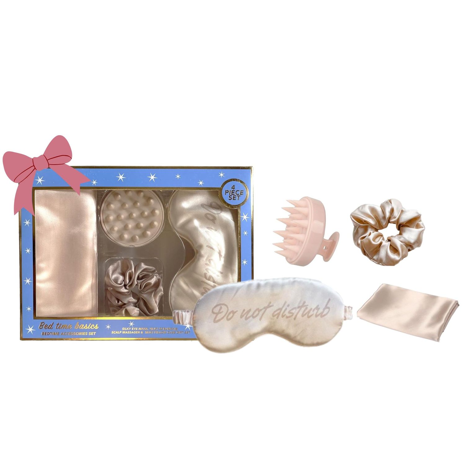 Holler Glow Bedtime Basics Accessories Set, Limited Edition, Sleep Eye Mask, Silk Scrunchie, Hair Growth Scalp Massager, Satin Pillowcase, Beauty Sleep For Women Mothers, 4 Piece Gift Set
