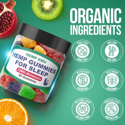 Hemp Emu Hemp Gummies for Sleep - Fall Asleep Faster, Stay Asleep Longer - 10mg Melatonin Premium Hemp Extract, 2 Gummies Per Serving - 60 Count Fruit Flavored Gummies