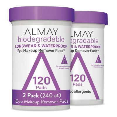 Almay Biodegradable Makeup Remover Pads, Longwear Waterproof, Hypoallergenic, Fragrance-Free, Dermatologist Ophthalmologist Tested, 120 Count (Pack of 2)