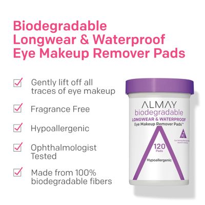 Almay Biodegradable Makeup Remover Pads, Longwear Waterproof, Hypoallergenic, Fragrance-Free, Dermatologist Ophthalmologist Tested, 120 Count (Pack of 2)