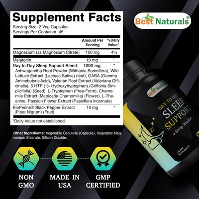 Best Naturals Day-to-Day Sleep Support with Melatonin, Magnesium, Ashwagandha, Wild Lettuce, GABA, Valerian, 5-HTP, Tryptophan, Chamomile, L-Theanine, Passion Flower 90 Veg Capsules