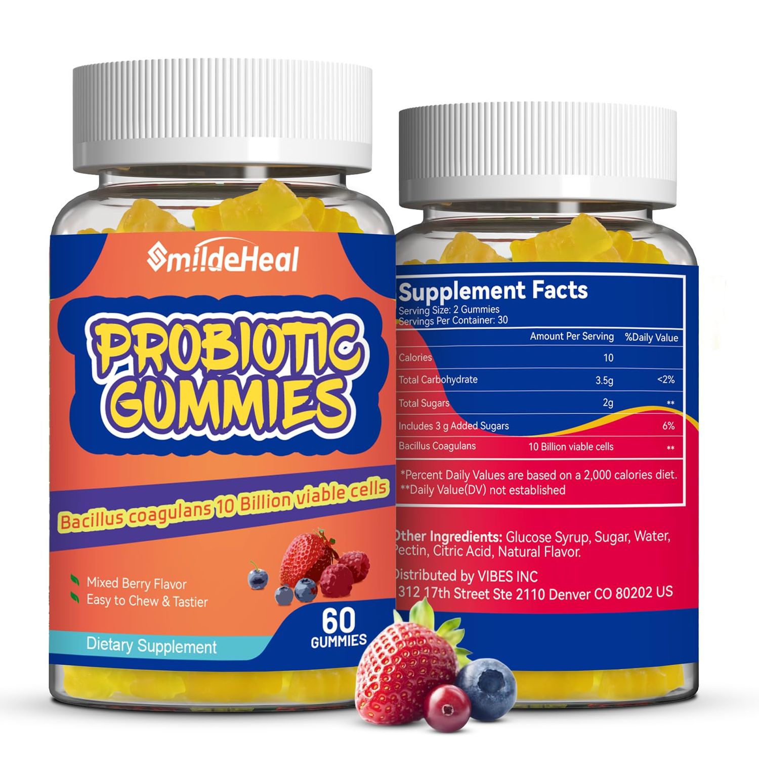 Probiotic Gummies for Digestive Health - 10 Billion CFU Bacillus Coagulans - Vegan Non-GMO - Immune Digestive Support for Men Women - Strawberry Mixed Berry Flavor, 60 Count (Pack of 2)