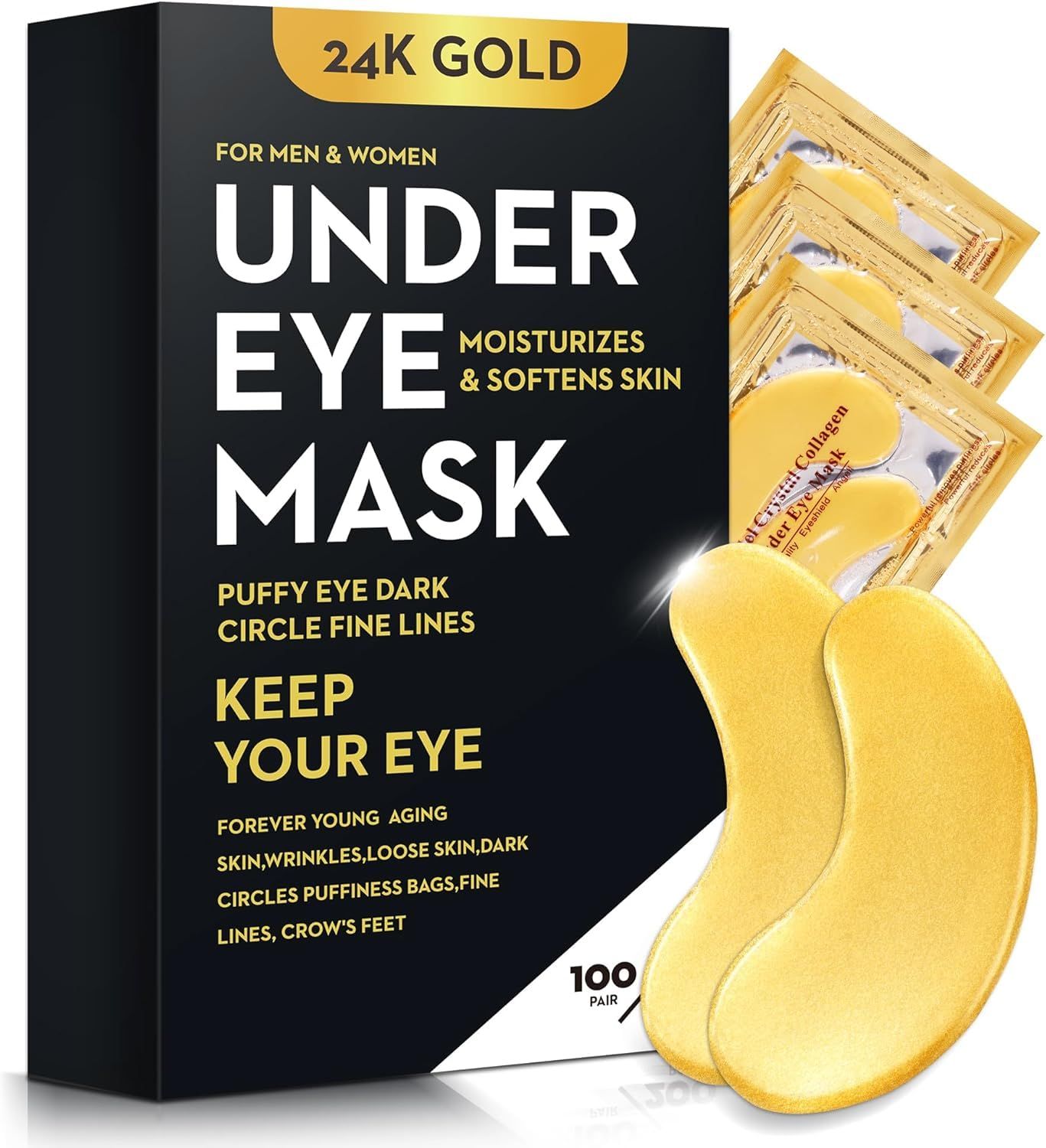 200Pcs100 Pair Under Eye Patches Gold for Dark Circles, Puffy Eyes, and Wrinkles, 24K Gold Eye Mask for Face, Eye Cream for Men and Women