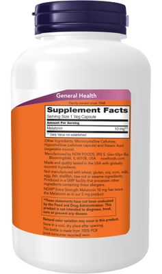 NOW Foods Supplements, Melatonin, Extra Strength 10 mg, Free Radical Scavenger, Healthy Sleep Cycle, 200 Veg Capsules