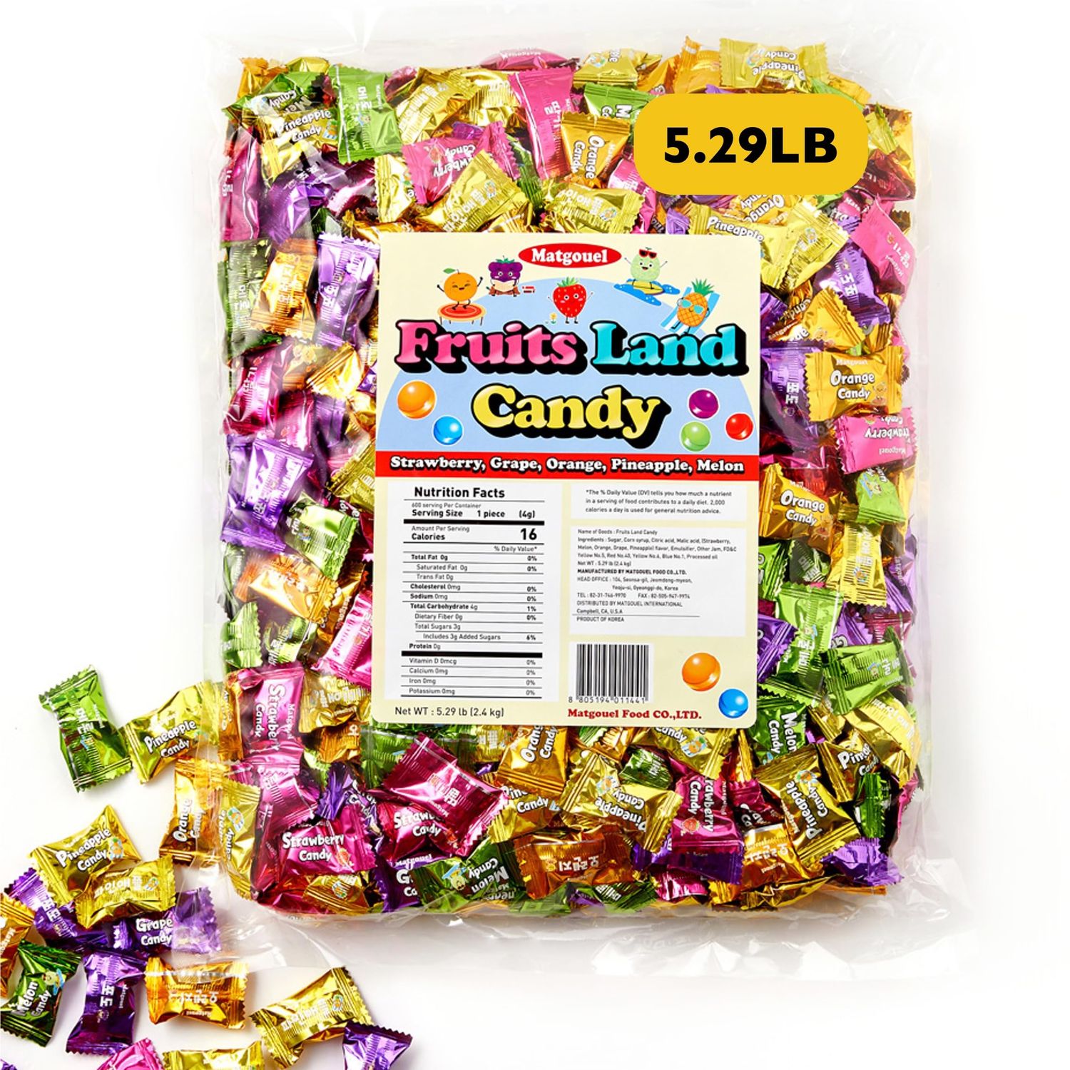 Matgouel_Korean Fruits Land Hard Candy - Assorted Fruit Flavors - Bulk 5.29 lb (2.4 kg) about 600 Counts Individually Wrapped for Parties, Events, and Candy Buffets (Mixed-Fruit)