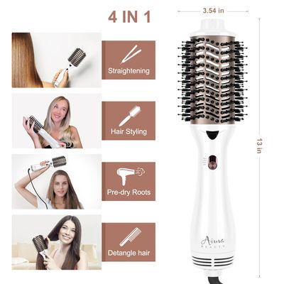 One Step Dryer Volumizing Hot Air Brush, Blow Dryer, Ceramic Straightener, Curler Hot Comb 4 in 1 Salon Ionic Hair Styling Tools, White