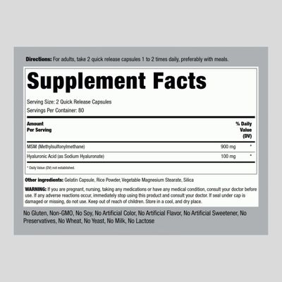Piping Rock Hyaluronic Acid with MSM 1000mg 160 Capsules Non-GMO and Gluten Free Supplement