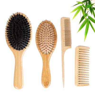 4 PCS Hair Brushes Set,Boar Bristle and 100 Bamboo Detangling Combs for WomenMen, ThickThin Hair Care Tools with Natural Bristles, Family-Friendly Hairbrush Kit